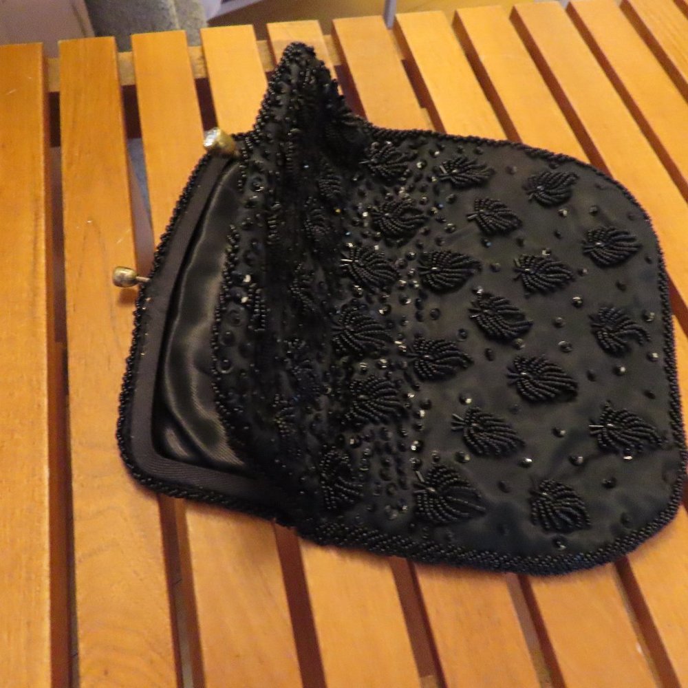 Black Beaded Vintage Clutch Evening Purse, Snap Closure.